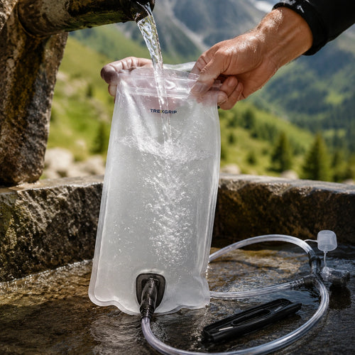 Remplissage de la poche à eau TrekGrip 3 L à une fontaine de montagne