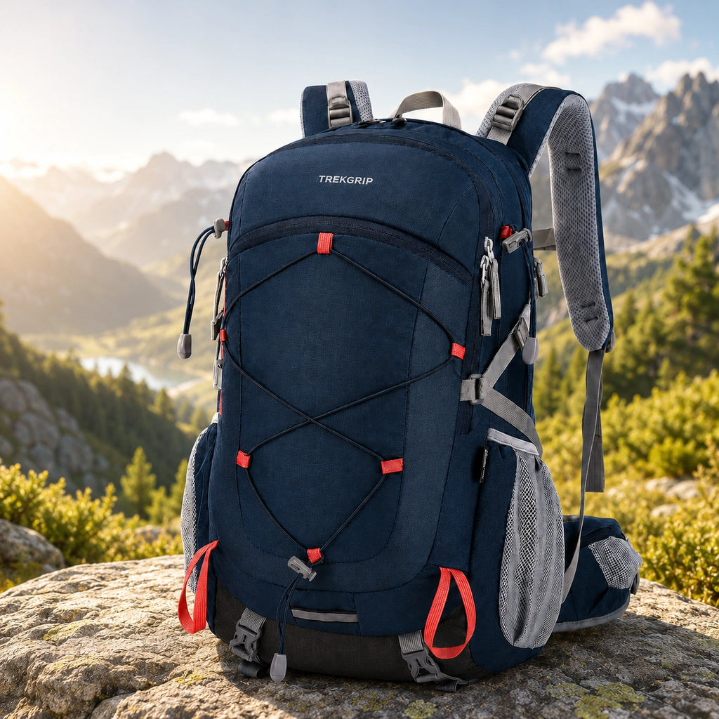 Sac à dos de randonnée TrekGrip 40 L bleu marine posé sur un rocher en montagne