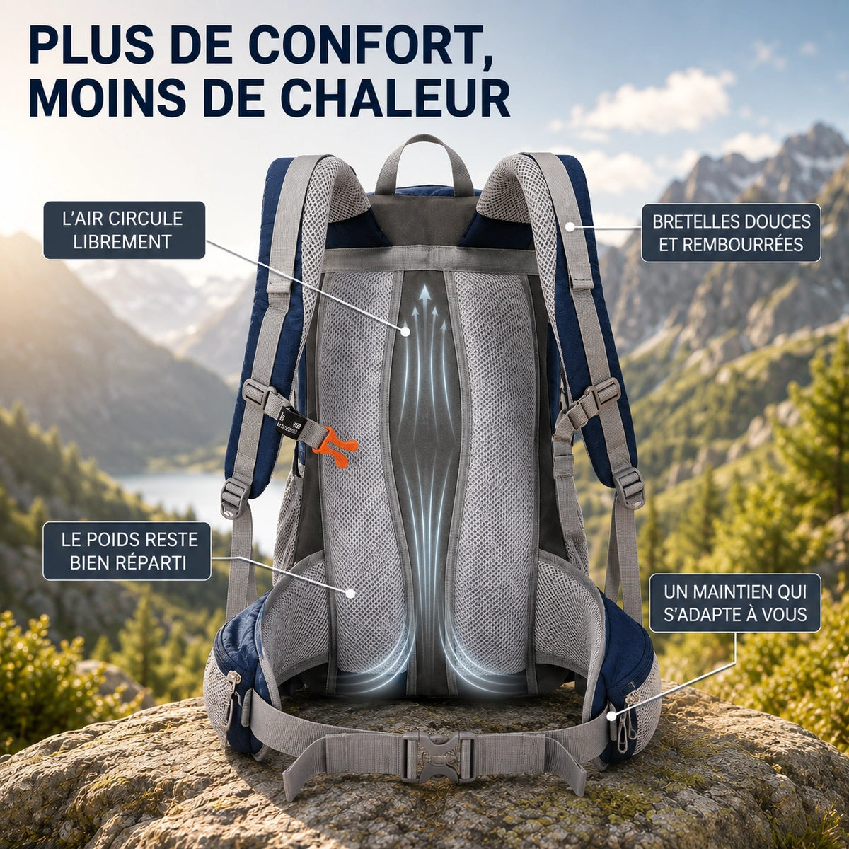 Vue de dos du sac à dos TrekGrip 40 L montrant le système de ventilation dorsale et les bretelles rembourrées