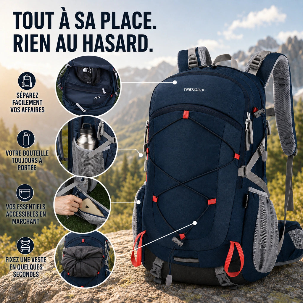 Compartiments et poches du sac à dos TrekGrip 40 L : rangement organisé, porte-bouteille, fixation veste