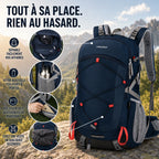 Compartiments et poches du sac à dos TrekGrip 40 L : rangement organisé, porte-bouteille, fixation veste