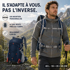 Dimensions du sac à dos TrekGrip 40 L : 55 x 35 x 25 cm pour un poids de 0,98 kg