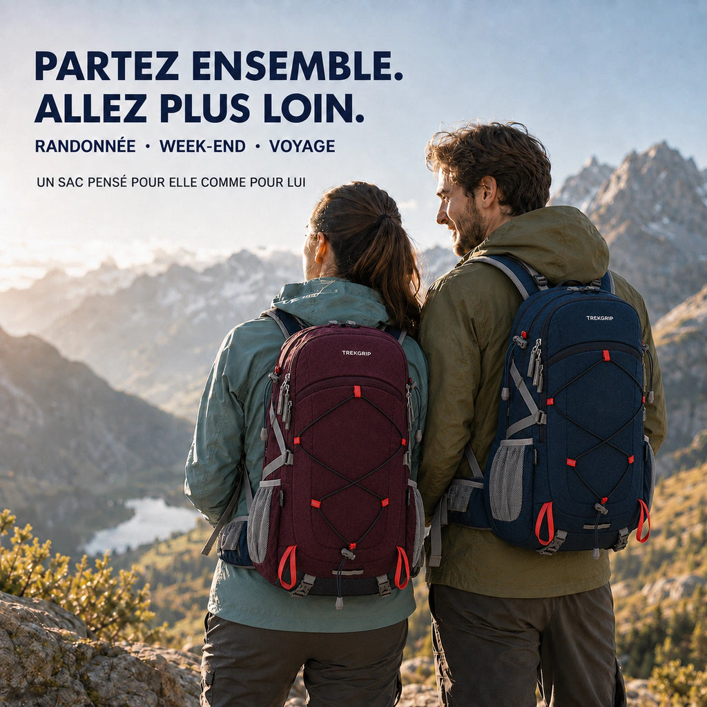 Un homme et une femme portant chacun un sac à dos TrekGrip en randonnée, modèle unisexe
